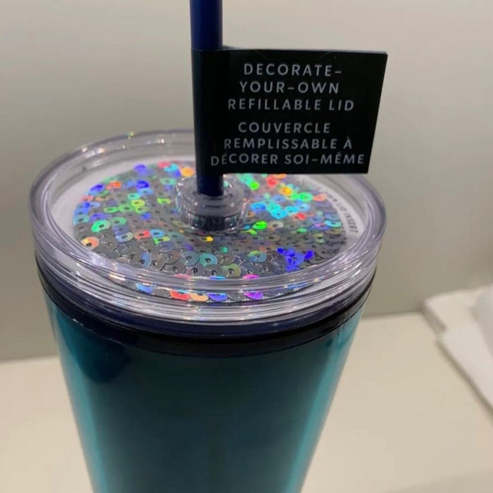 NEW Starbucks 2022 24oz Venti Blue Green Tumbler Sequin DIY Lid